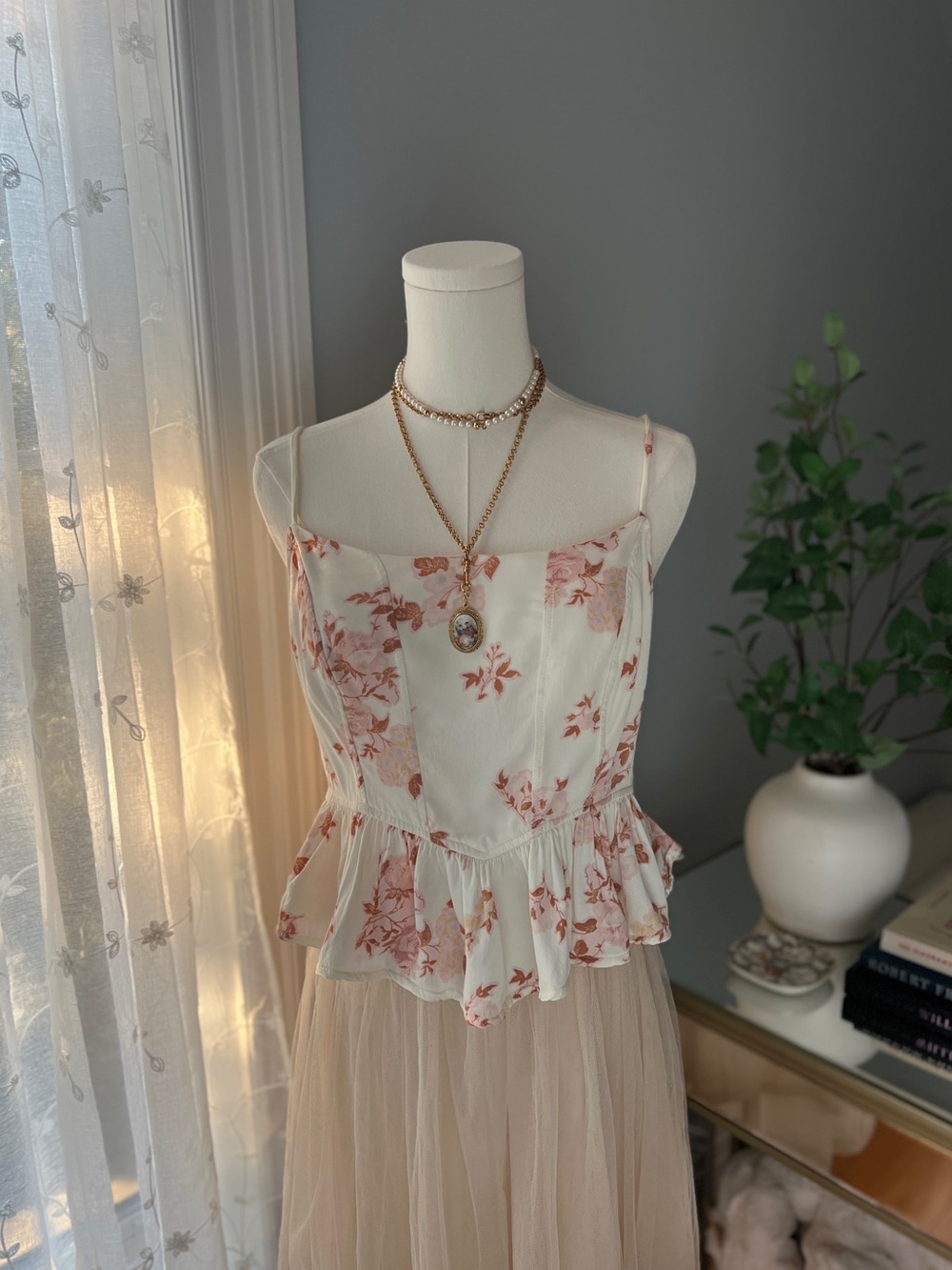 Free People Ivory Camisole with Dusty Rose Floral Ruffle Peplum Hem